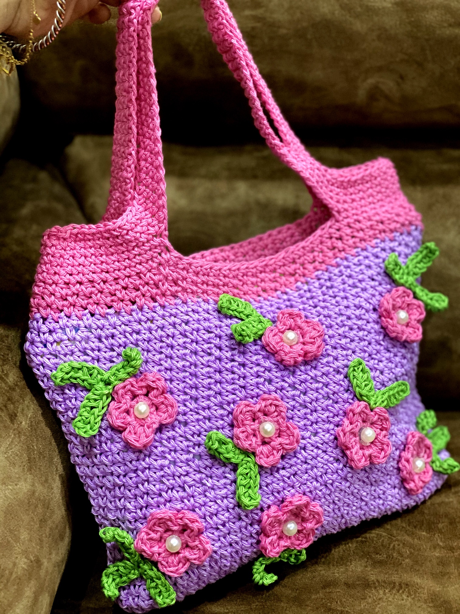 Handmade Purple in garden of pink flowers handbag – The Crochet Bella